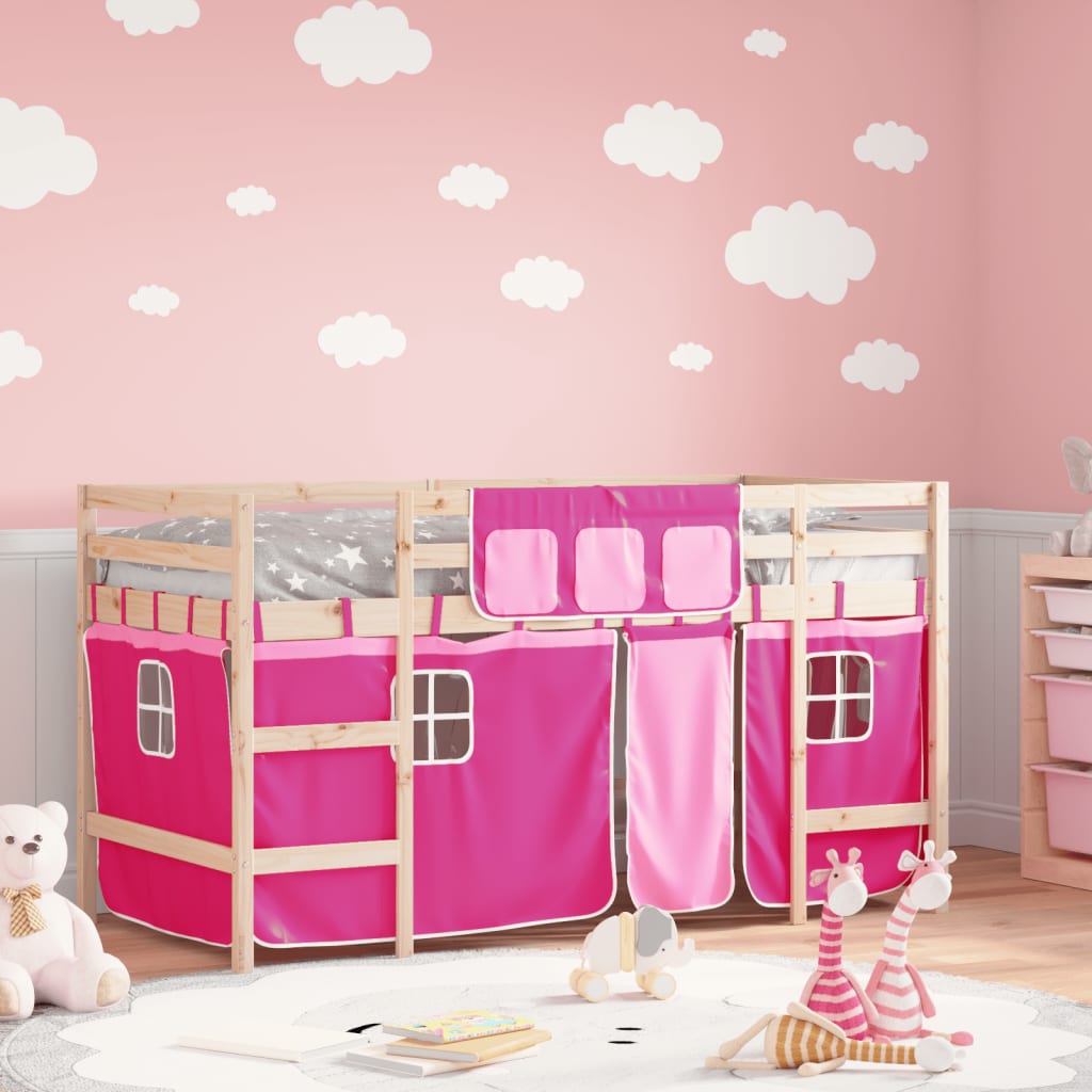 Lit mezzanine enfants avec rideaux sans matelas rose 80x200cm