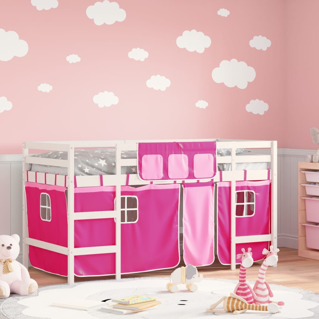 Lit mezzanine enfants avec rideaux sans matelas rose 80x200cm