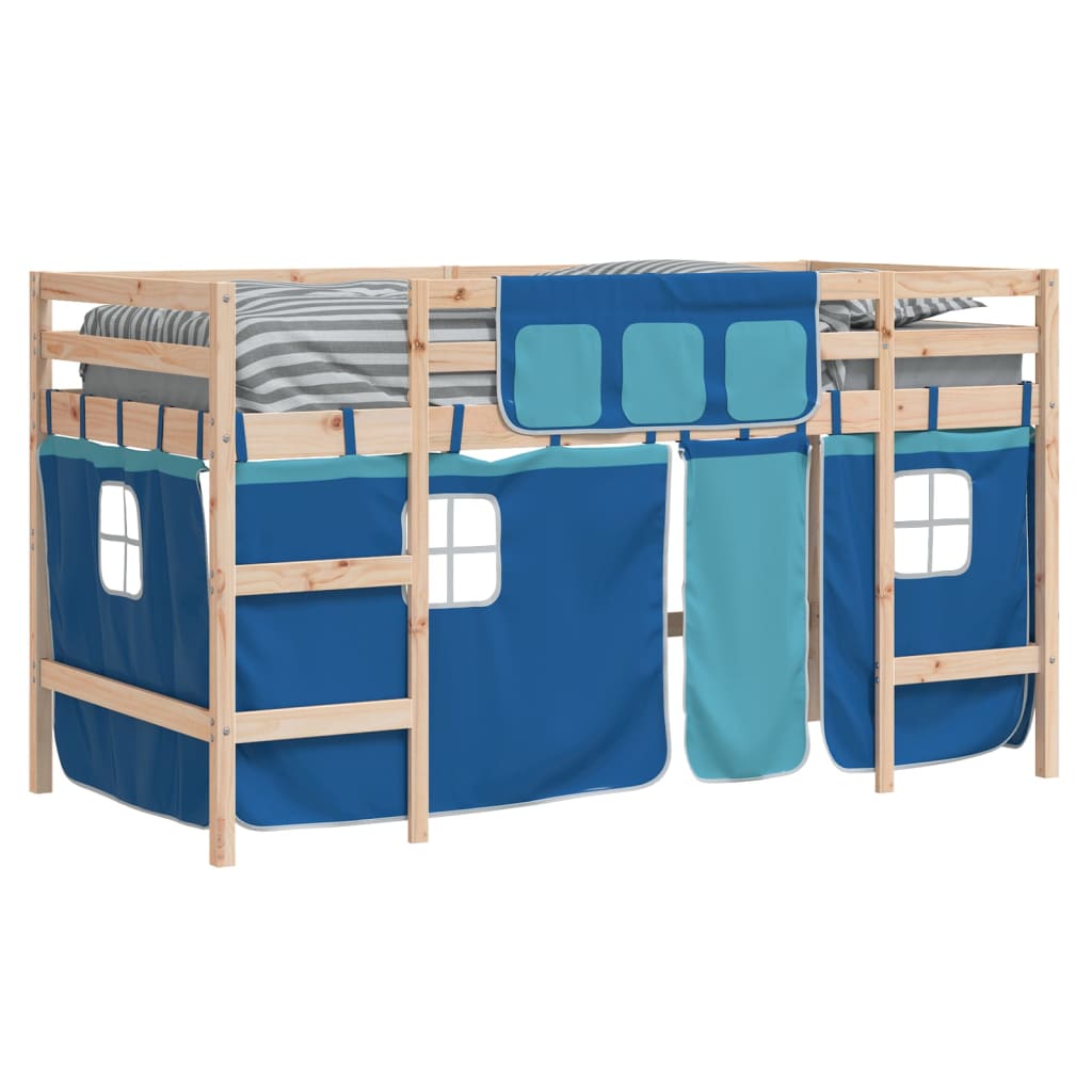 Lit mezzanine enfants avec rideaux sans matelas bleu 90x200cm