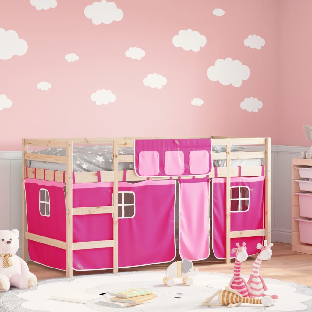 Lit mezzanine enfants avec rideaux sans matelas rose 90x200cm