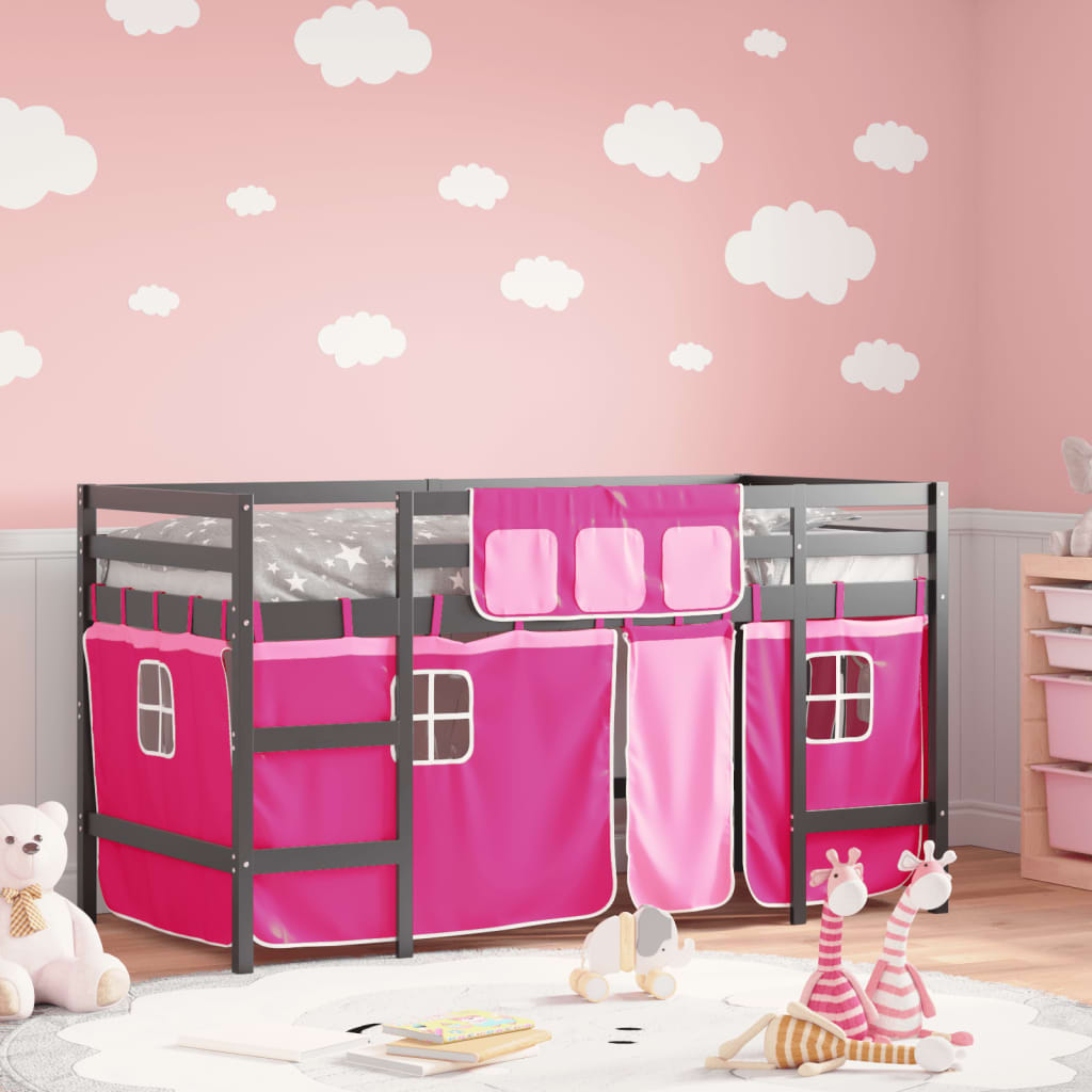 Lit mezzanine enfants avec rideaux sans matelas rose 90x200cm