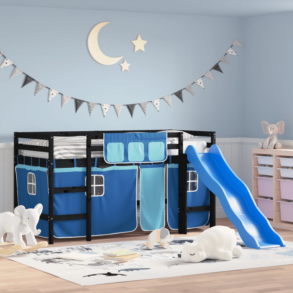 Children's loft bed with curtains without mattress blue 90x190 cm