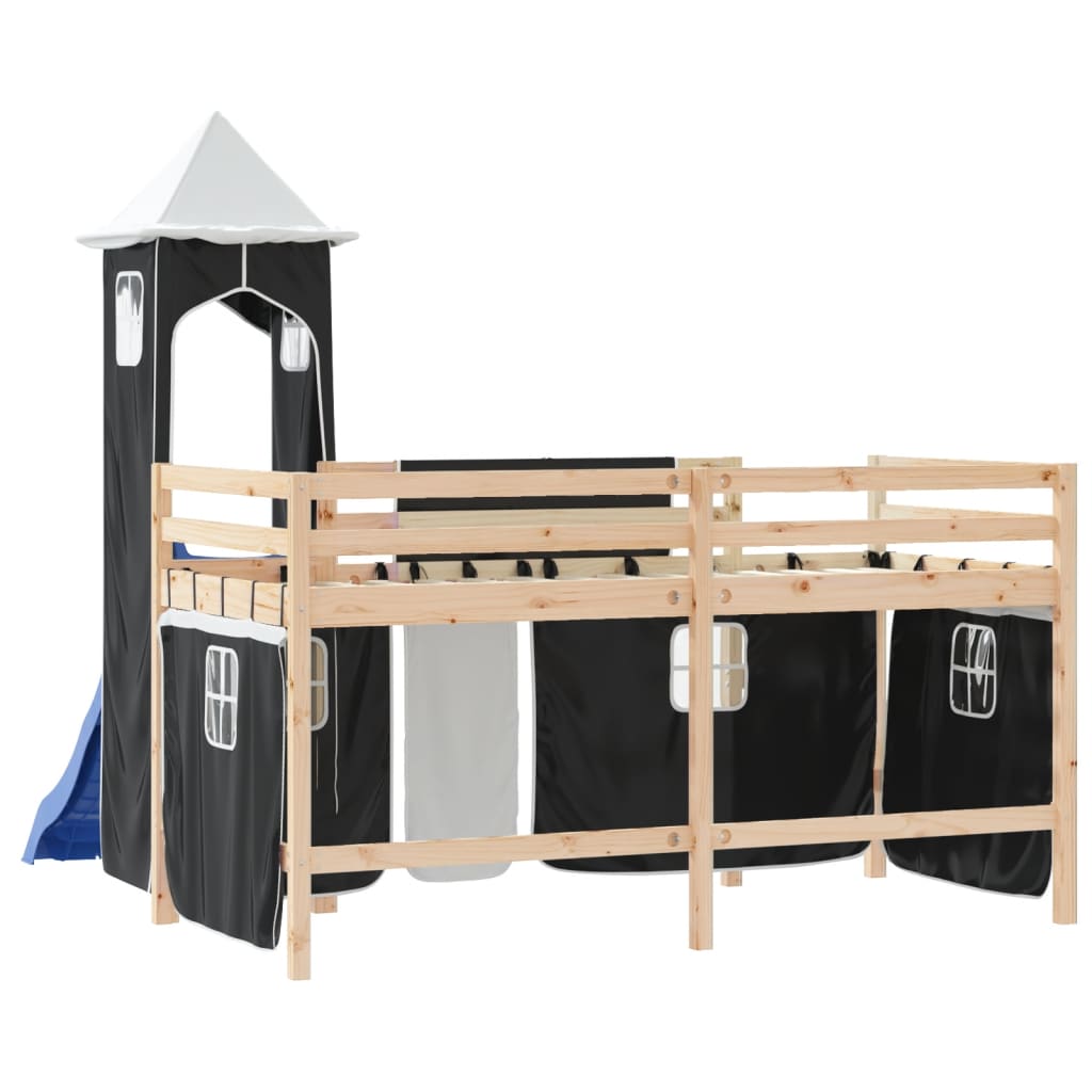 Lit mezzanine enfants et tour sans matelas blanc noir 80x200cm