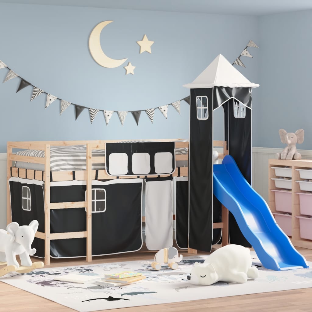 Lit mezzanine enfants et tour sans matelas blanc noir 80x200cm