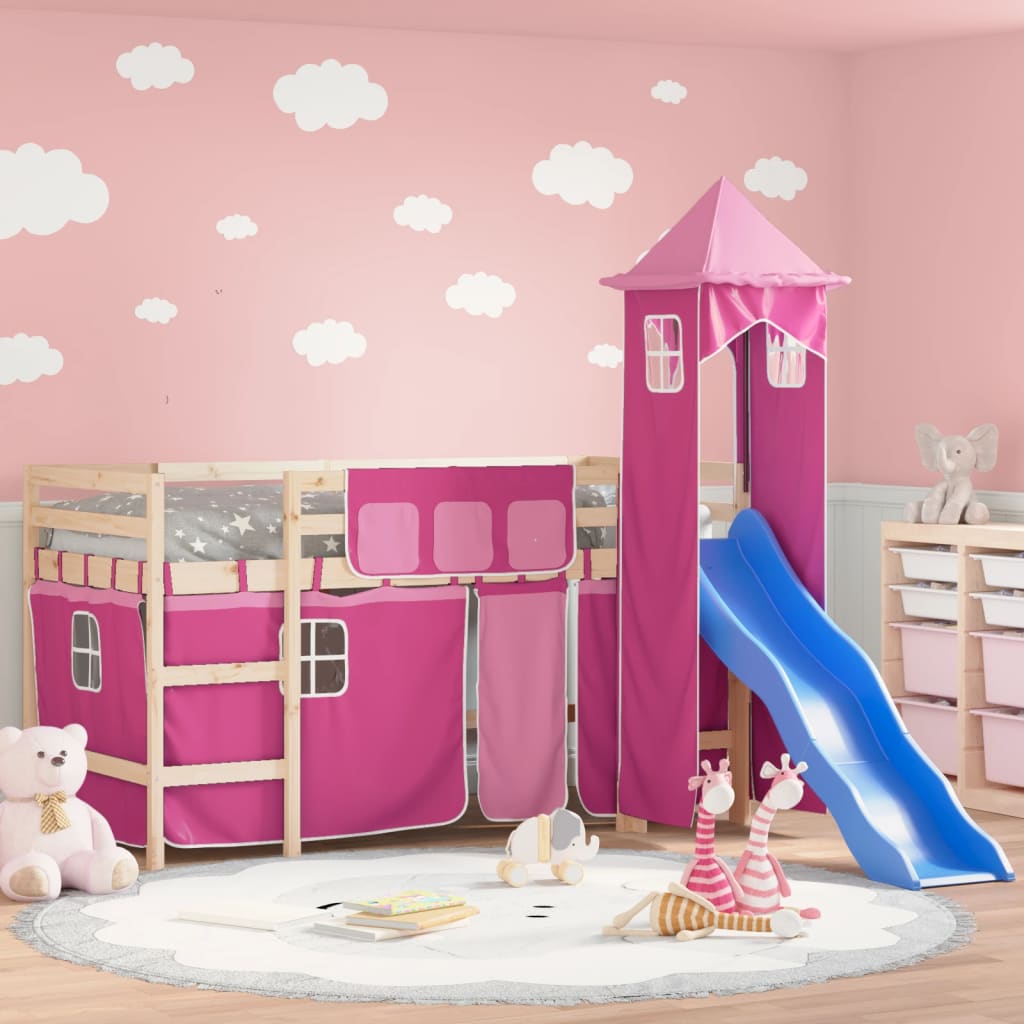 Children's loft bed with tower without mattress pink 80x200 cm