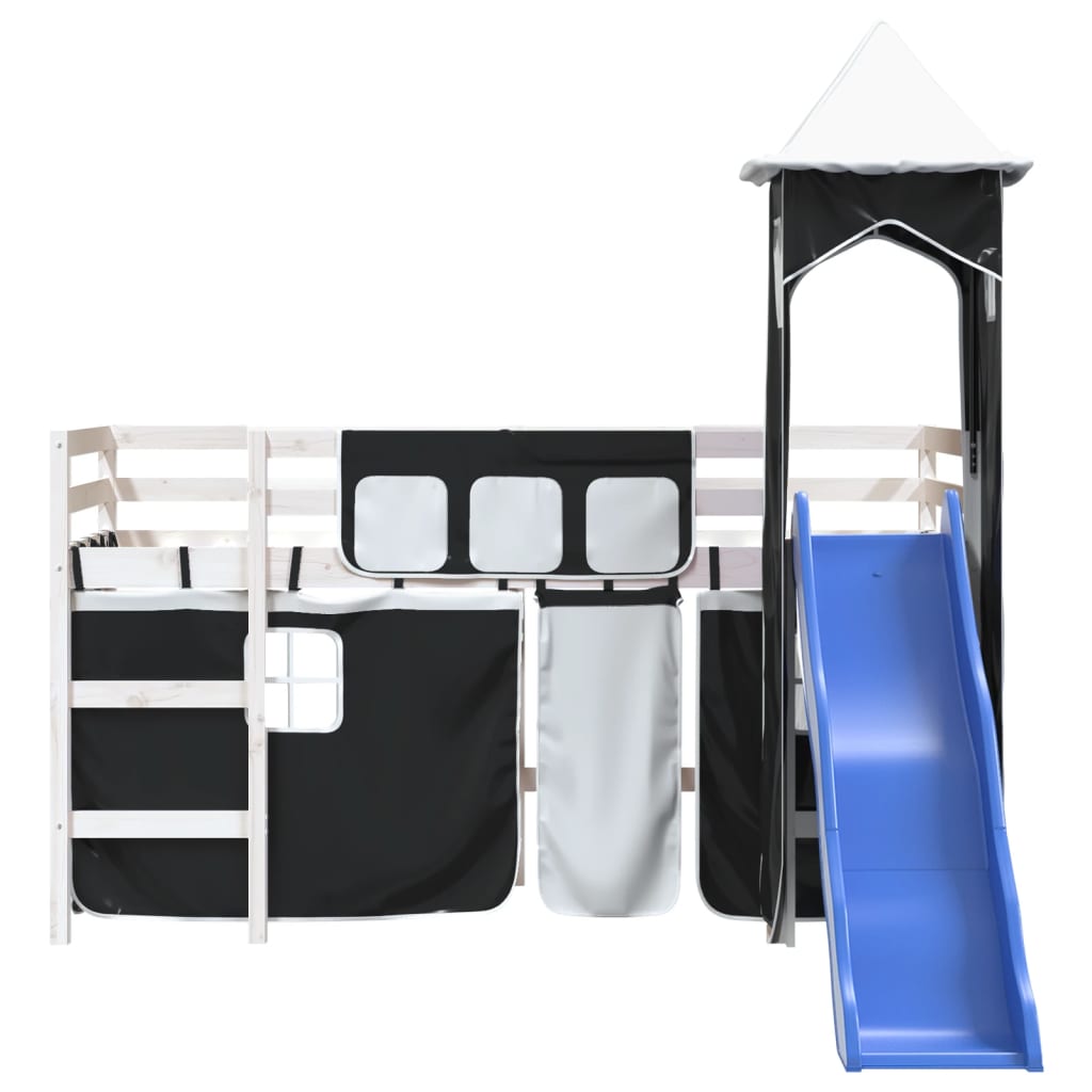 Lit mezzanine enfants et tour sans matelas blanc noir 80x200cm