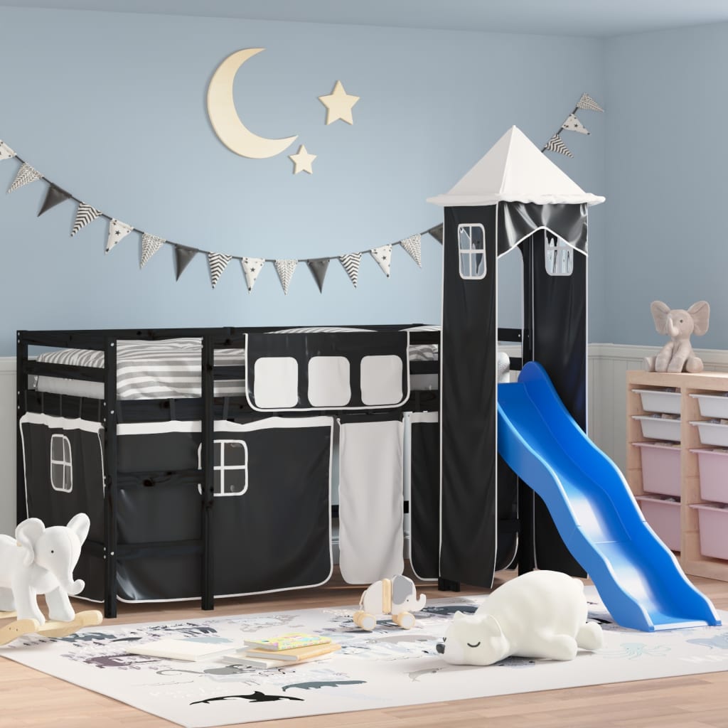 Children's loft bed and tower without mattress white black 80x200cm