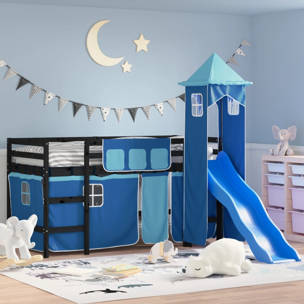 Children's loft bed with tower without mattress blue 80x200 cm