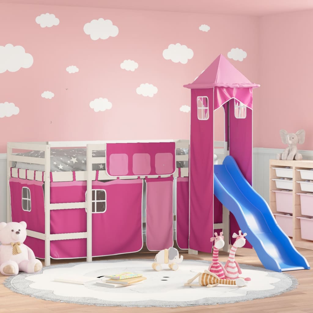 Children's loft bed with tower without mattress pink 90x200 cm