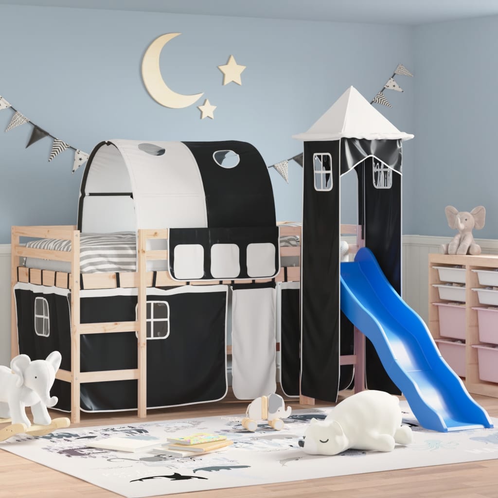 Lit mezzanine enfants et tour sans matelas blanc noir 80x200cm