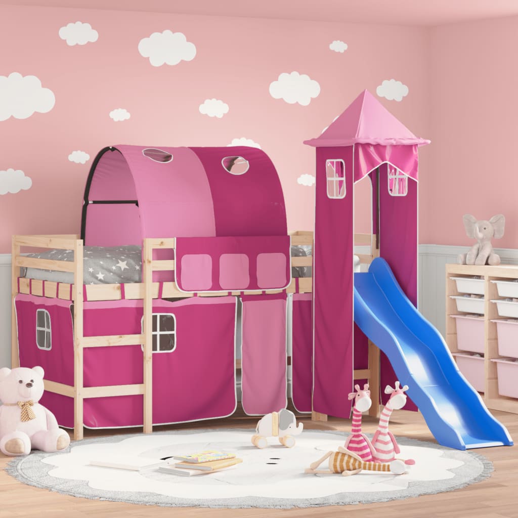 Children's loft bed with tower without mattress pink 80x200 cm