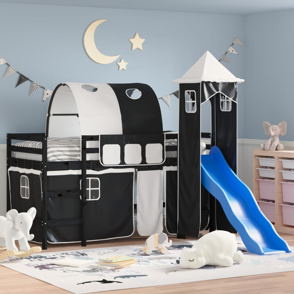 Children's loft bed and tower without mattress white black 80x200cm