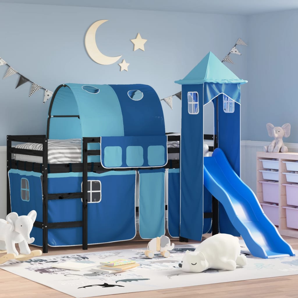 Lit mezzanine enfants avec tour sans matelas bleu 90x200 cm