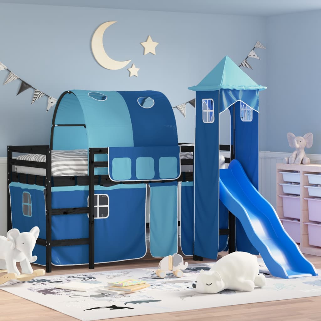 Lit mezzanine enfants avec tour sans matelas bleu 90x190 cm