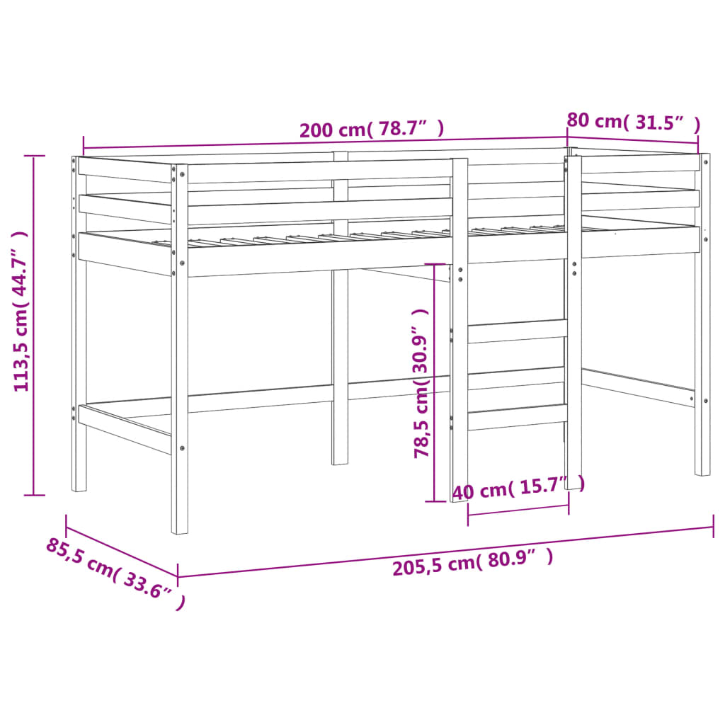 Lit mezzanine d'enfants sans matelas avec échelle 80x200 cm