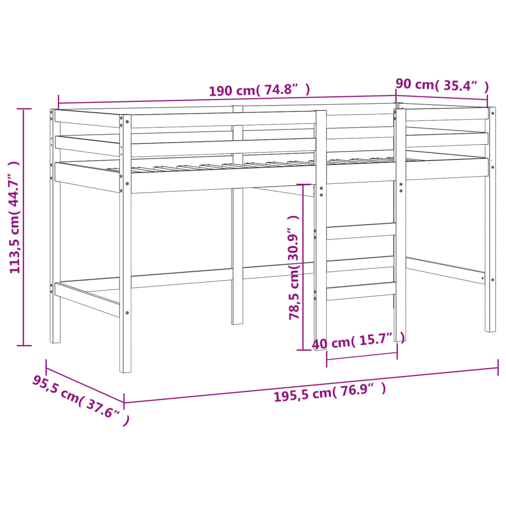 Kinderhochbett ohne Matratze mit Leiter 90x190 cm