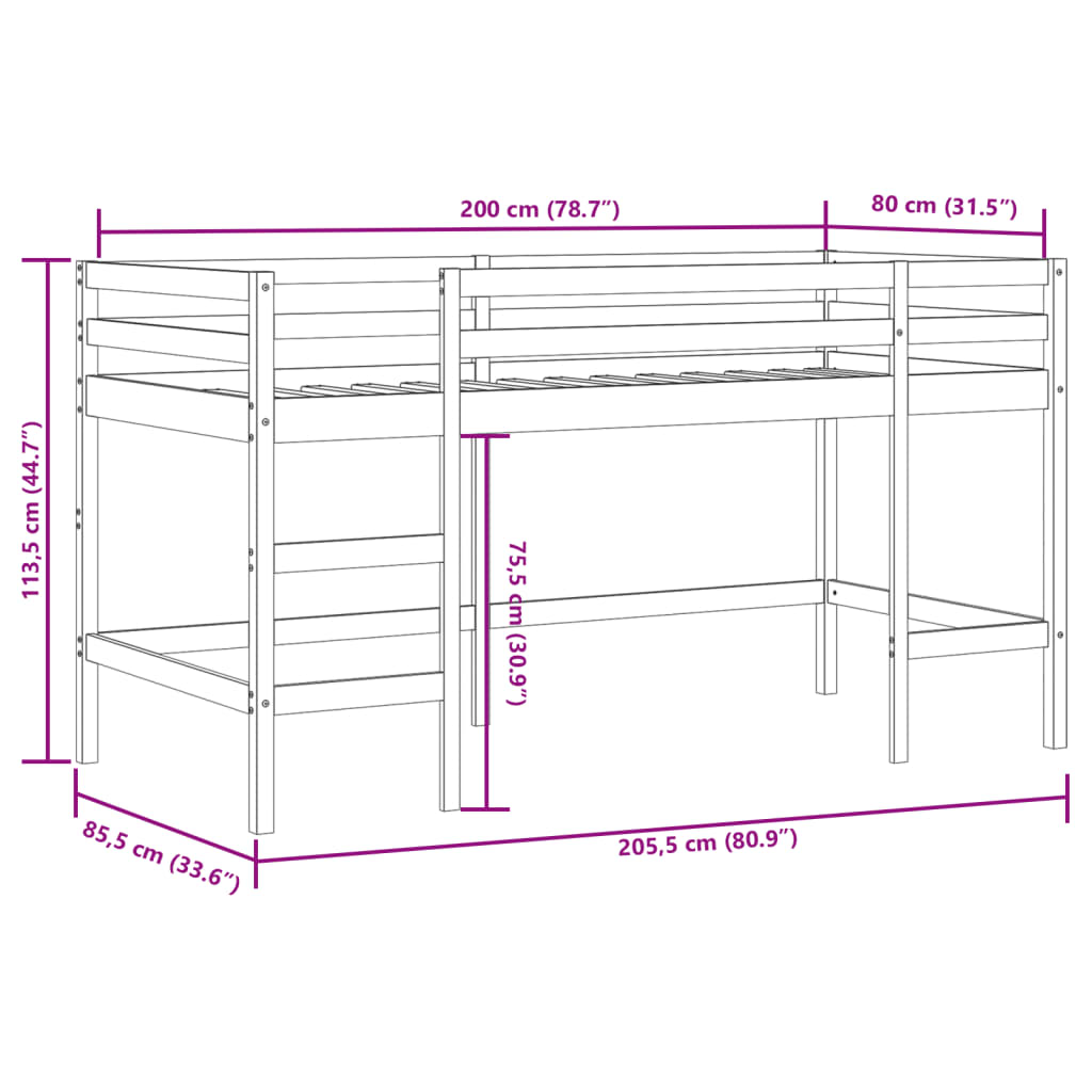 Children's loft bed without mattress with ladder 80x200 cm