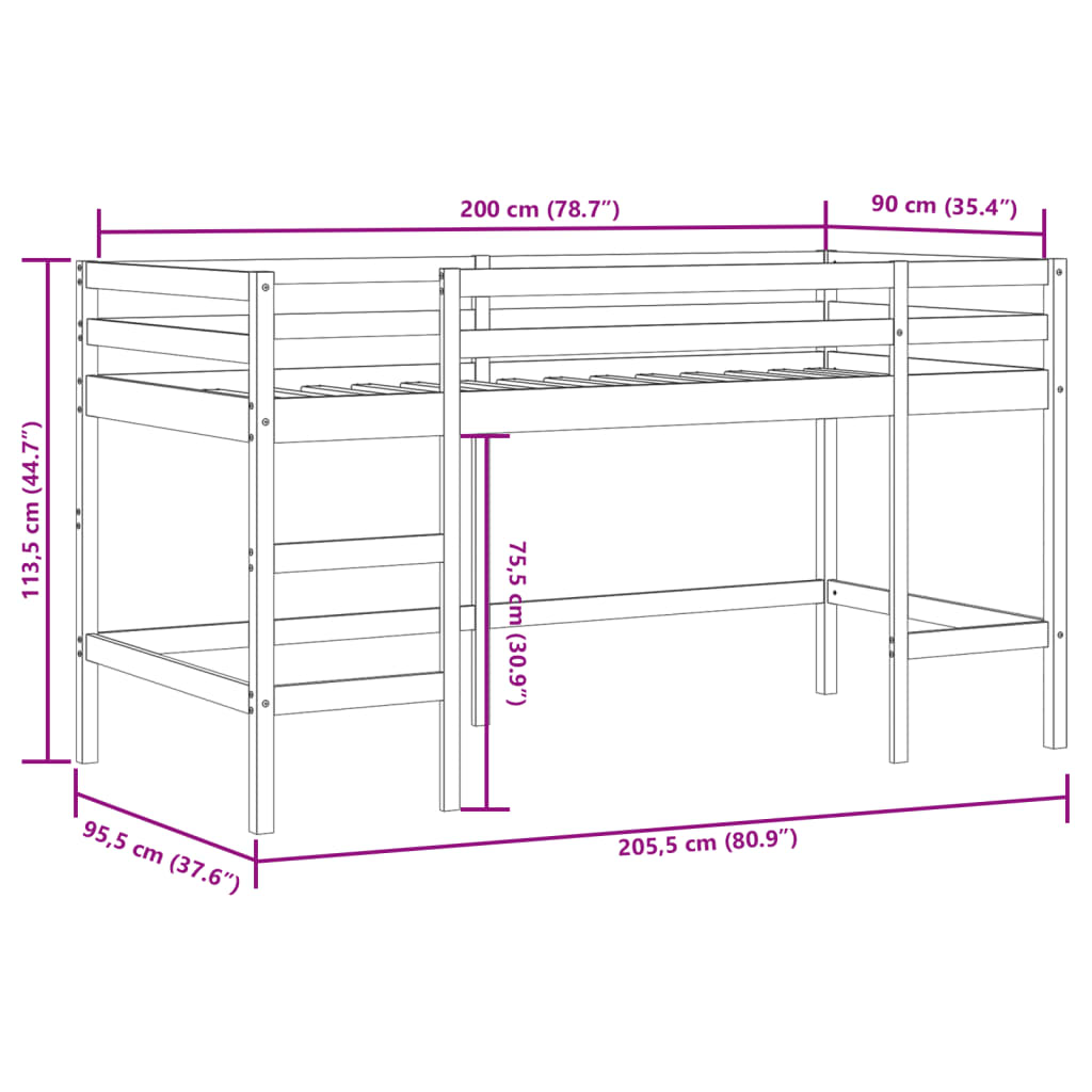 Kinderhochbett ohne Matratze mit Leiter 90x200 cm