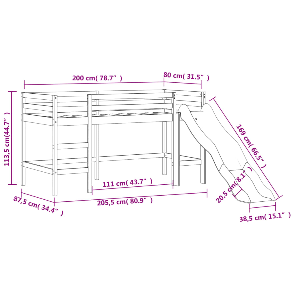 Kinderhochbett ohne Matratze mit Rutsche 80x200 cm