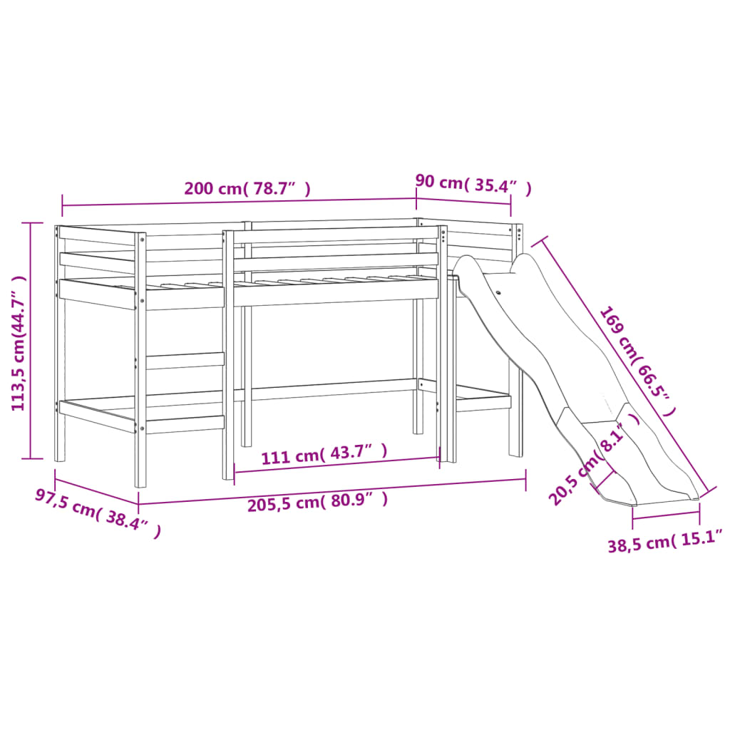 Kinderhochbett ohne Matratze mit Rutsche 90x200 cm