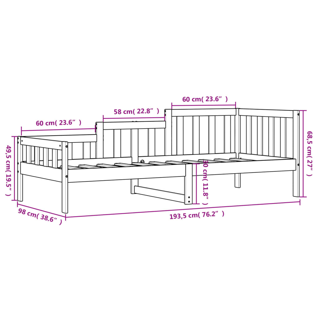 Lit de jour sans matelas noir 90x190 cm bois de pin massif