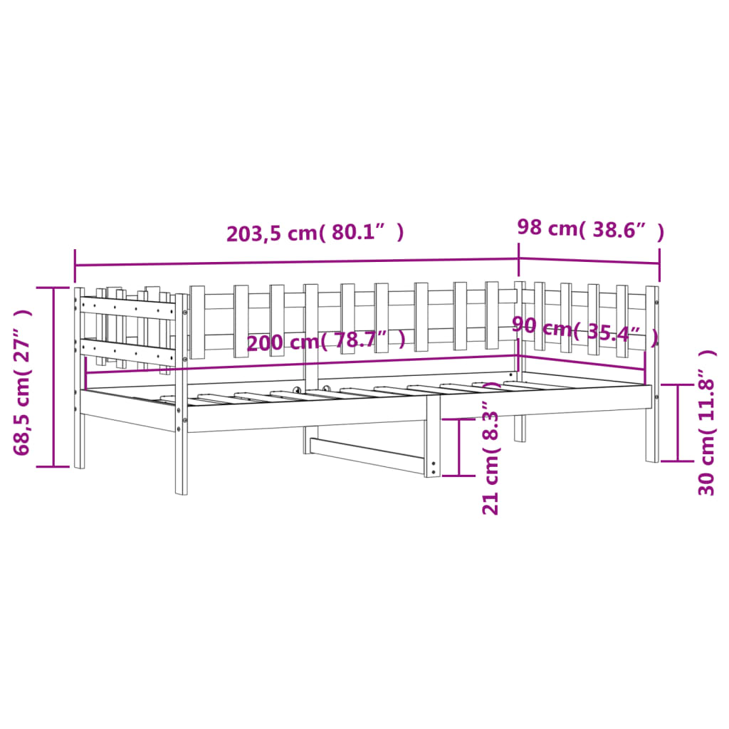 Lit de jour sans matelas noir 90x200 cm bois de pin massif