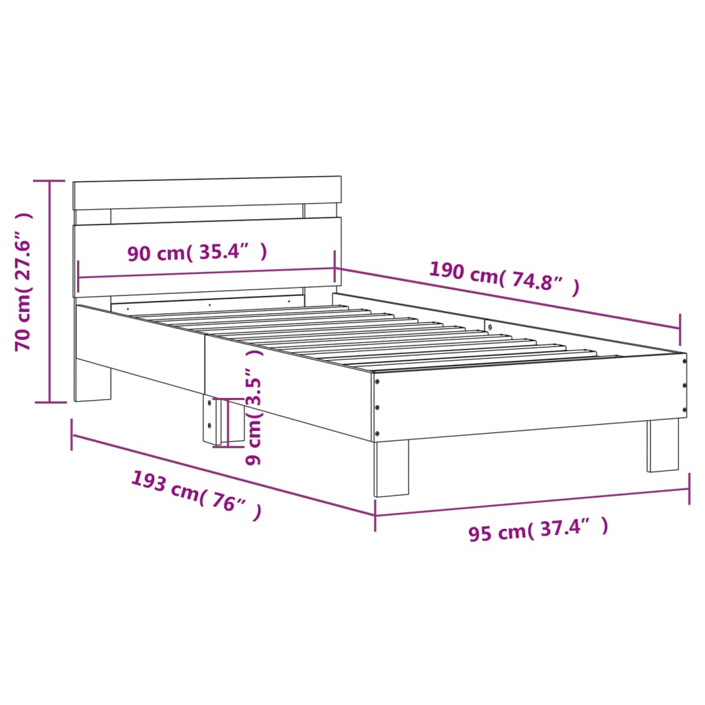 Bed frame without mattress with white headboard 90x190 cm