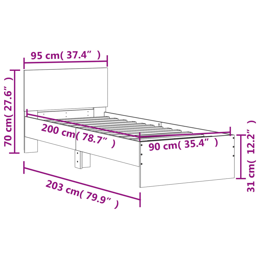 Bed frame without mattress with black headboard 90x200 cm