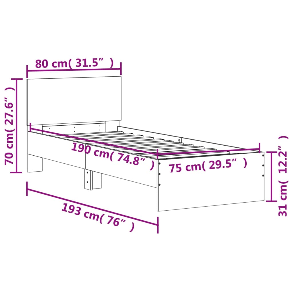 Bettgestell ohne Matratze mit Kopfteil weiß 75x190 cm