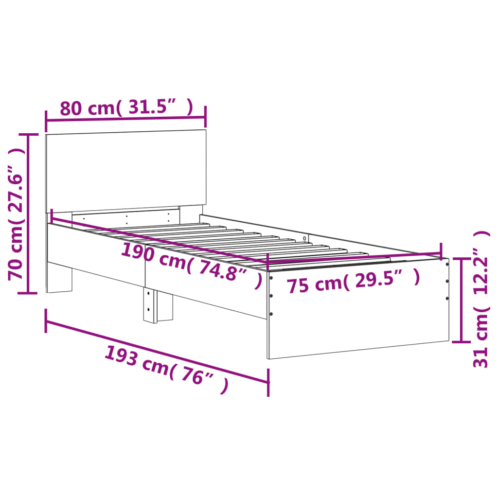 Cadre de lit sans matelas avec tête de lit chêne fumé 75x190 cm