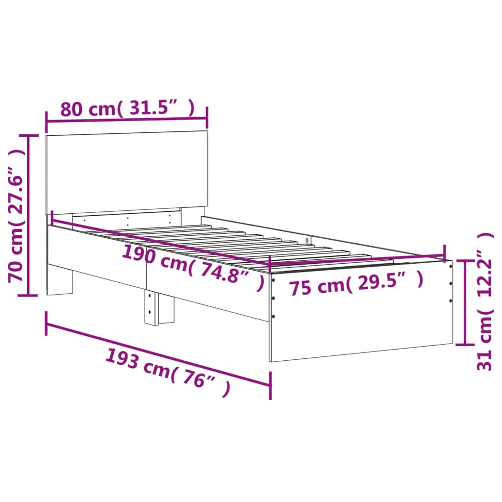 Bettgestell ohne Matratze mit Kopfteil 75x190 cm