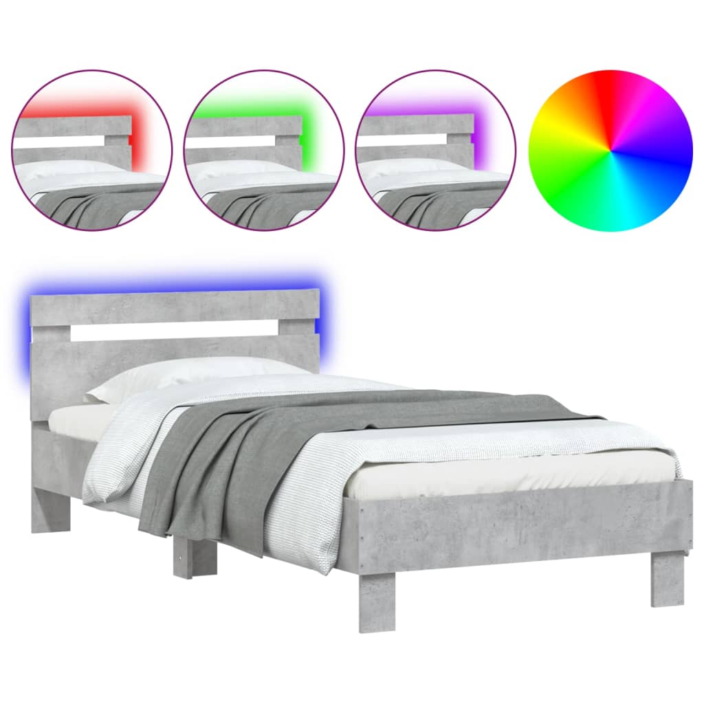 Cadre de lit sans matelas avec lumières LED gris béton 75x190cm