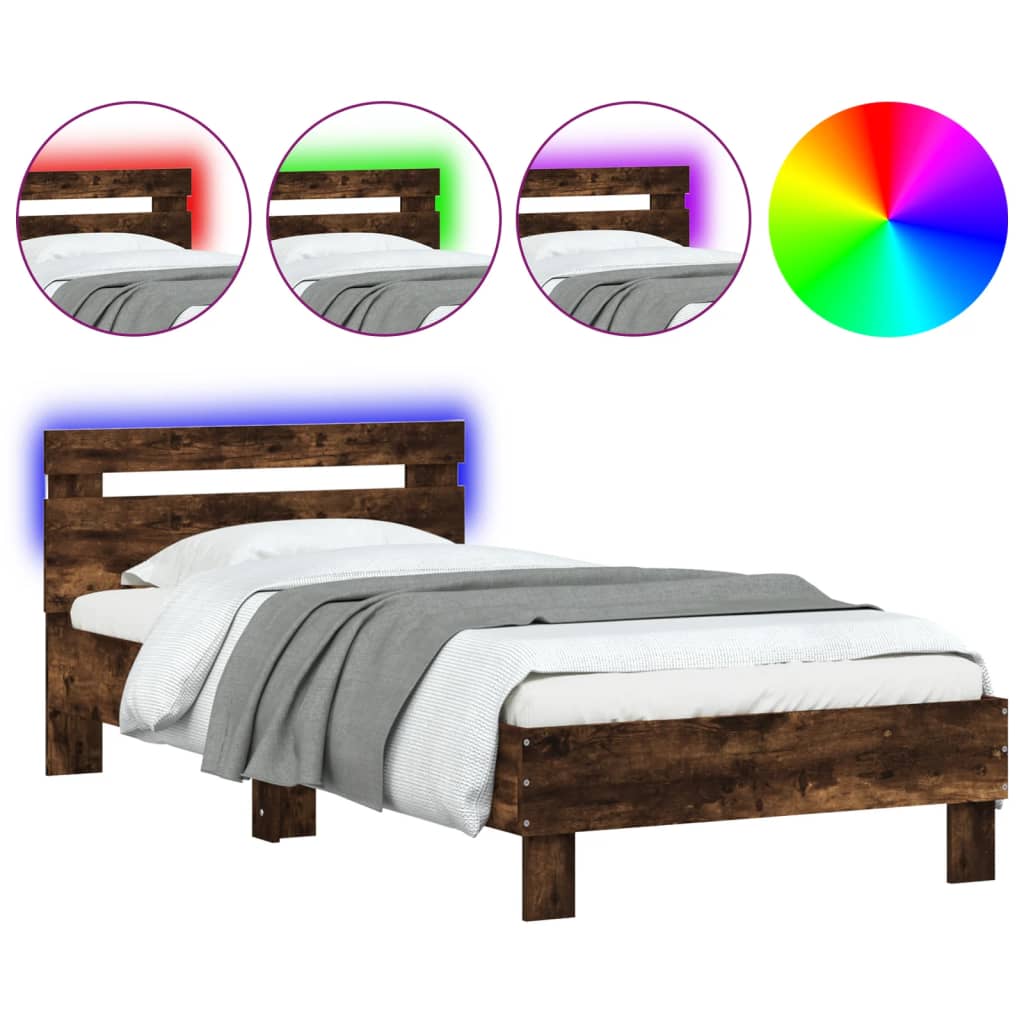 Cadre de lit sans matelas avec lumières LED chêne fumé 75x190cm