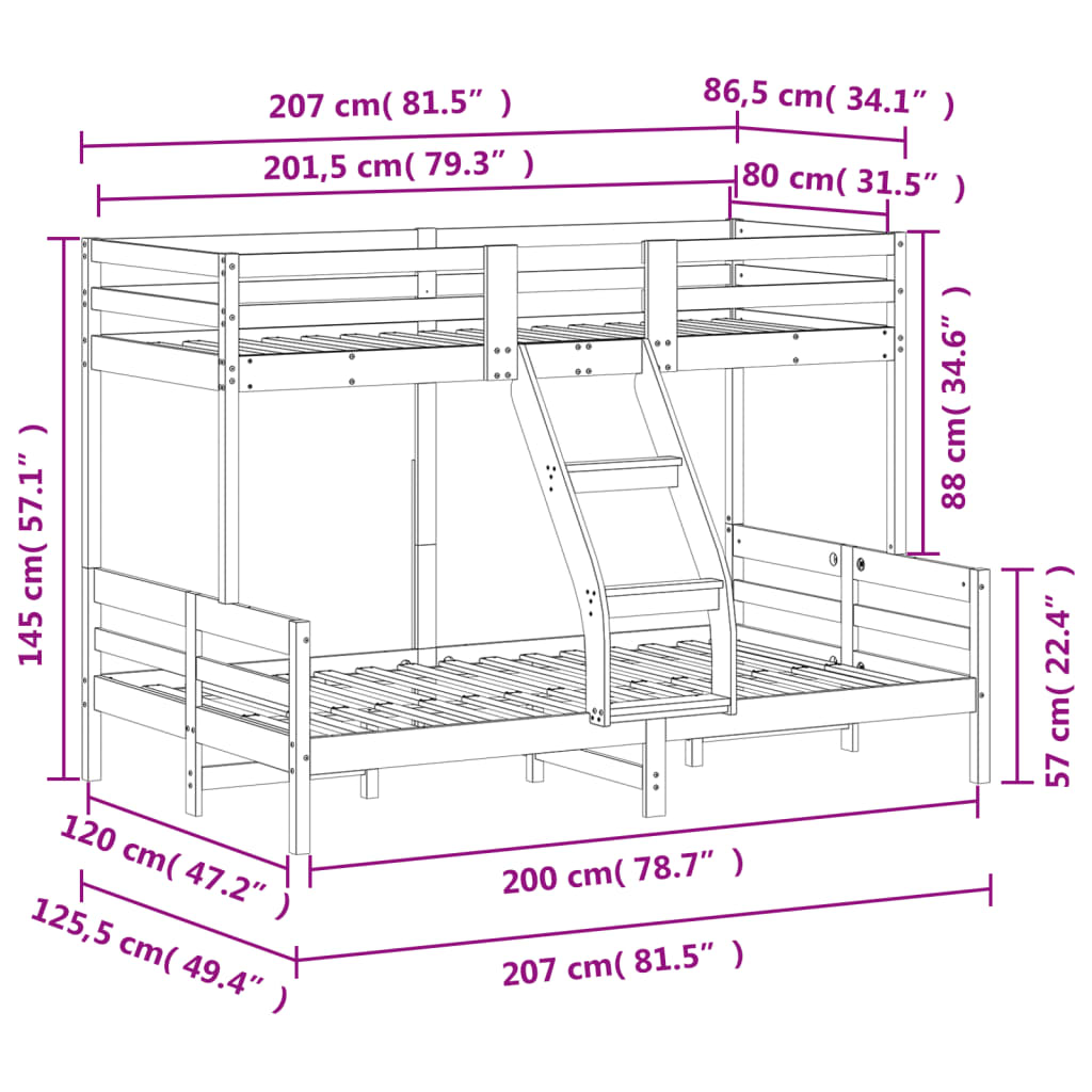 Bunk bed without mattress 80x200/120x200 cm white solid wood