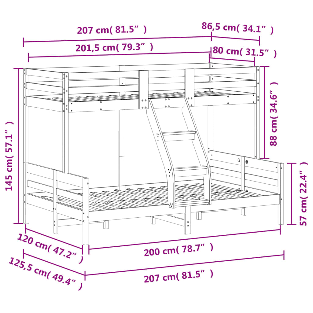 Lit superposé sans matelas 80x200/120x200 cm bois massif