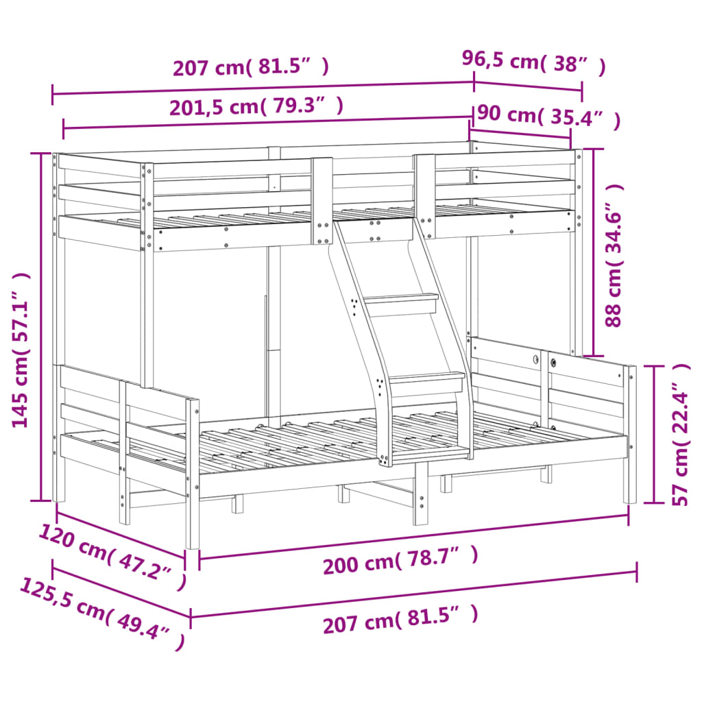 Lit superposé sans matelas 90x200/120x200 cm blanc bois massif