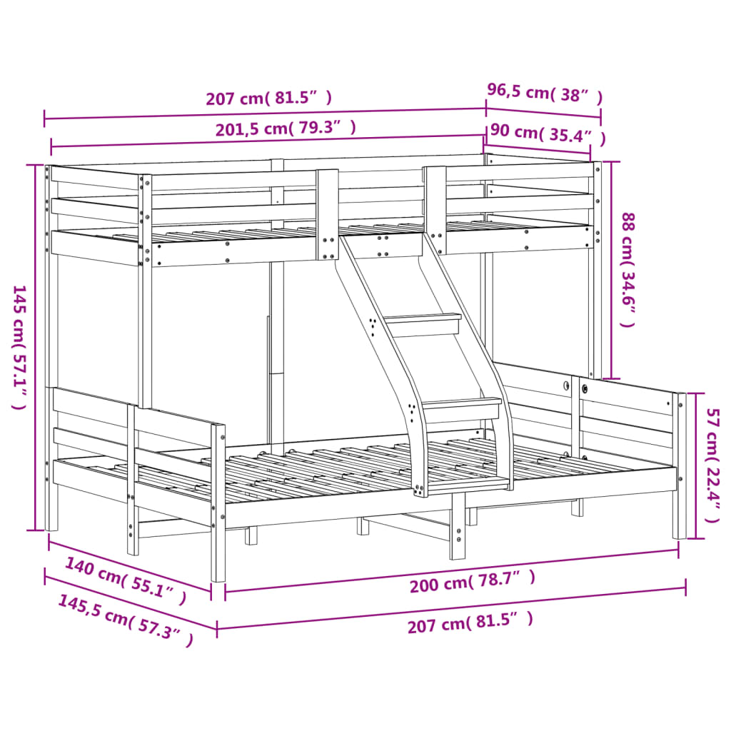 Lit superposé sans matelas 90x200/140x200 cm bois massif