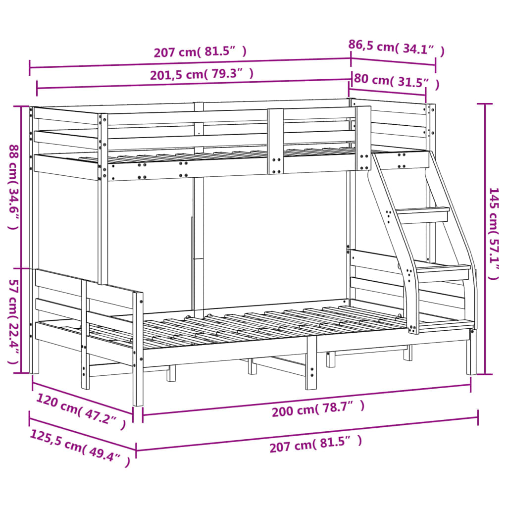 Lit superposé sans matelas 80x200/120x200 cm blanc bois massif