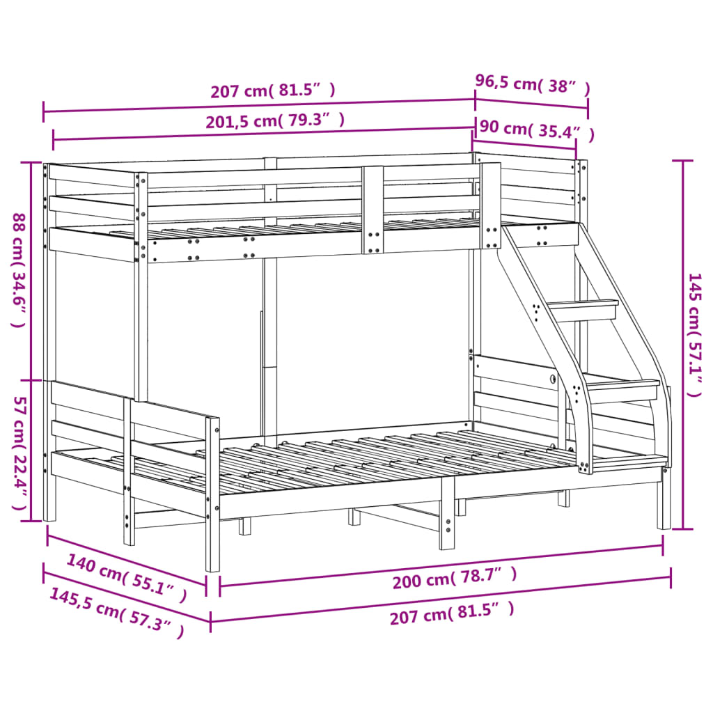 Lit superposé sans matelas 90x200/140x200 cm bois massif