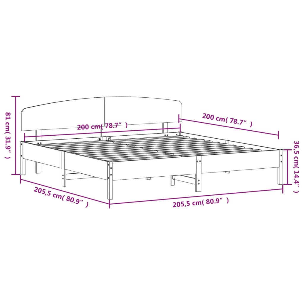 Bed frame without mattress brown wax 200x200cm solid pine wood