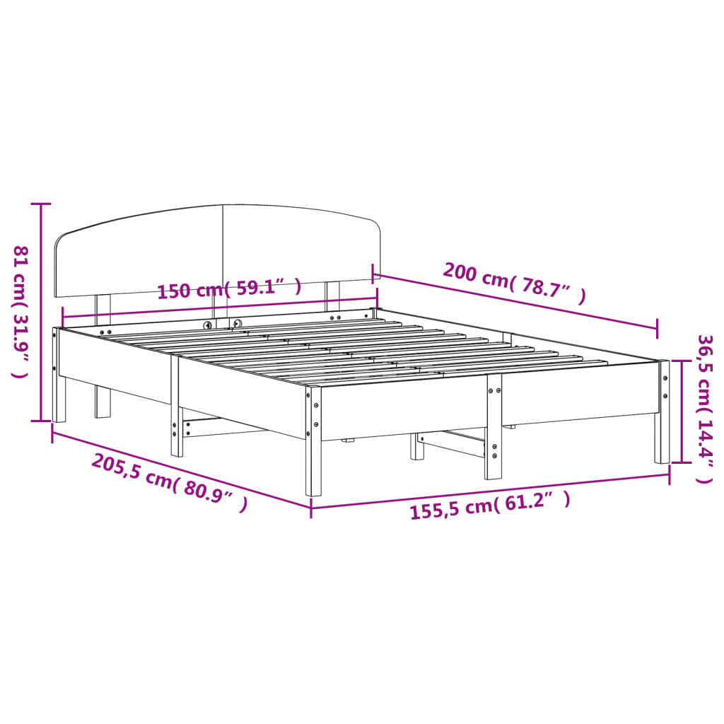 Cadre de lit sans matelas cire marron 150x200cm bois pin massif