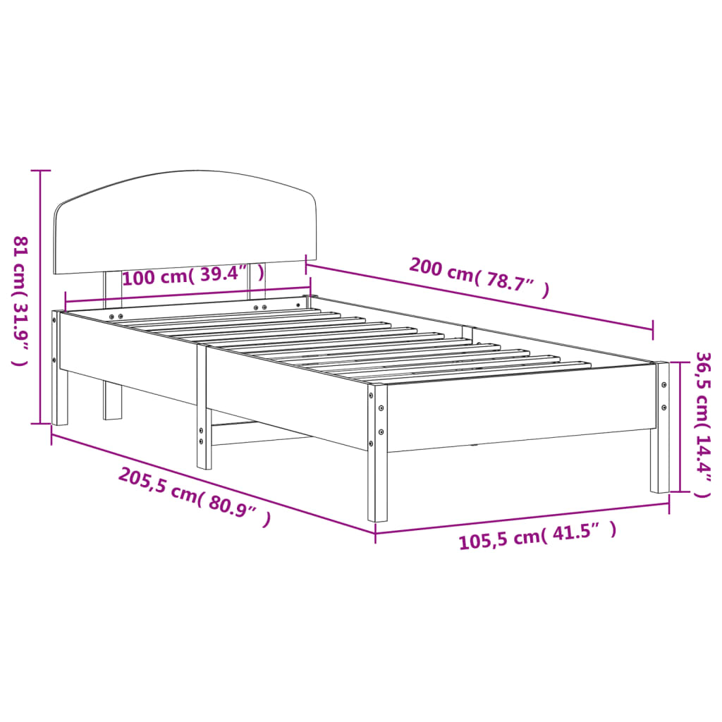 Bed frame without mattress 100x200 cm solid pine wood