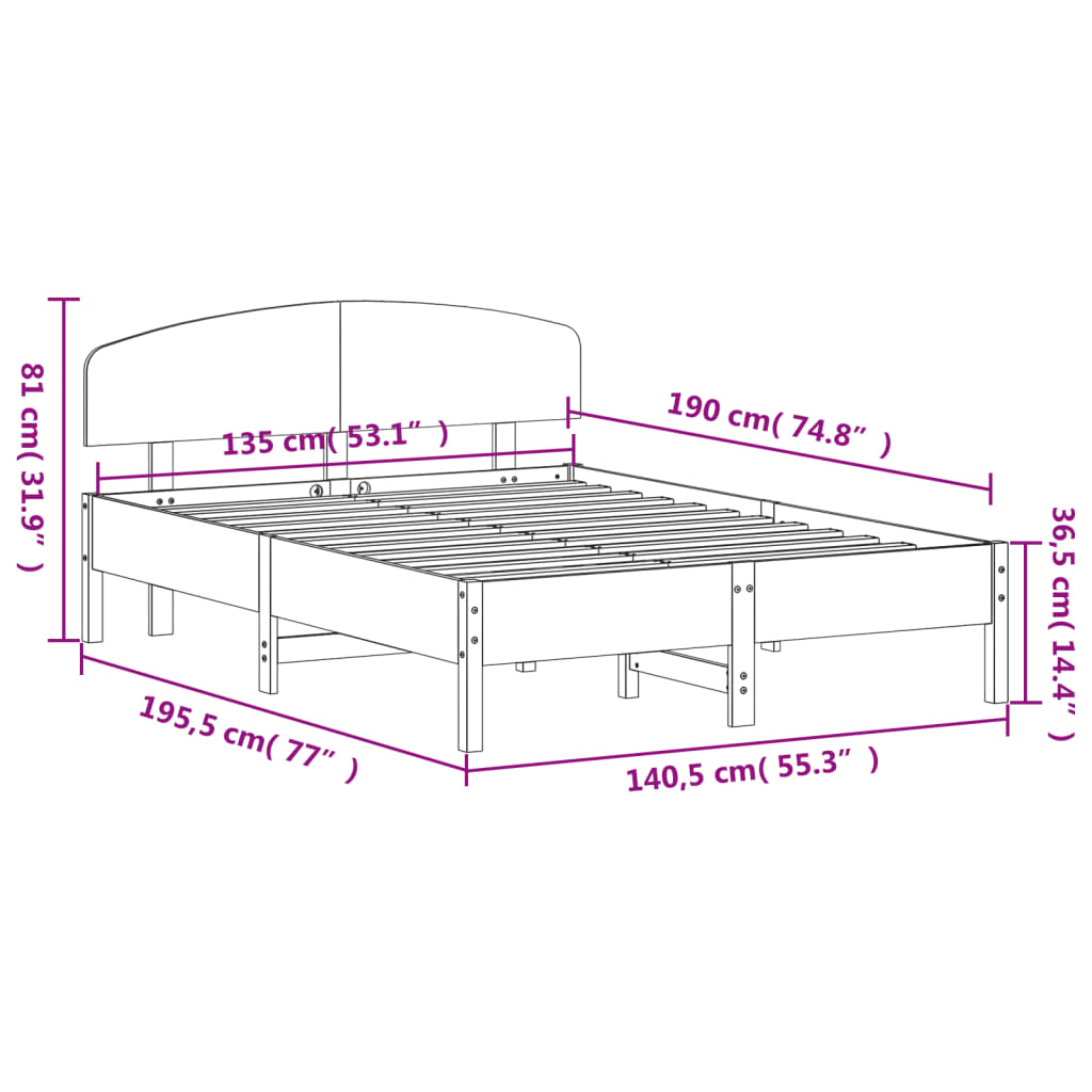 Cadre de lit sans matelas cire marron 135x190cm bois pin massif