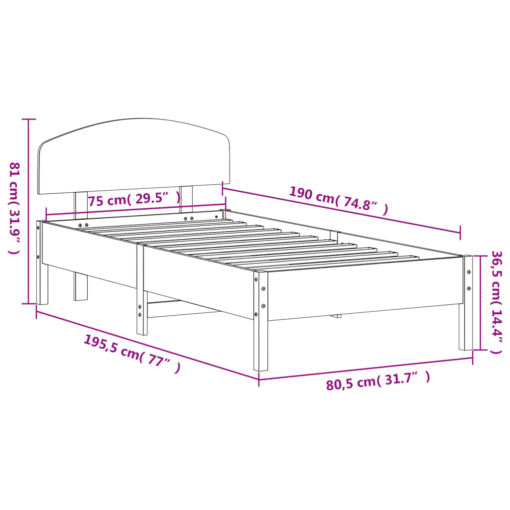 Cadre de lit sans matelas cire marron 75x190 cm bois pin massif