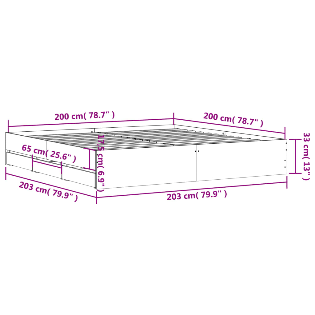 Bed frame with drawers without mattress concrete gray 200x200 cm