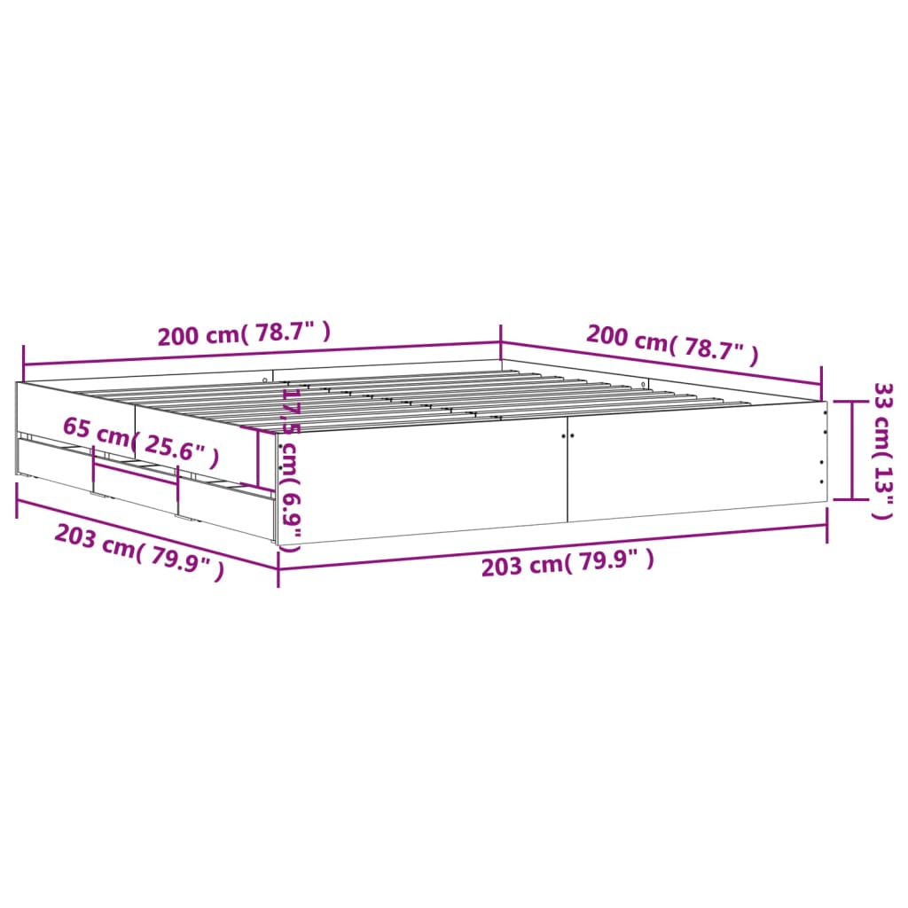 Cadre de lit avec tiroirs sans matelas sonoma gris 200x200 cm