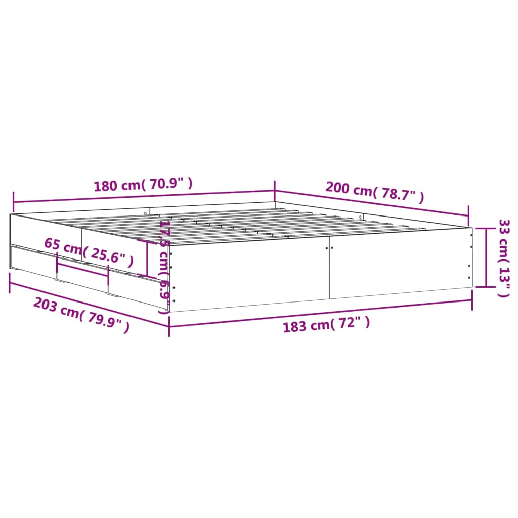 Cadre de lit avec tiroirs sans matelas gris béton 180x200 cm