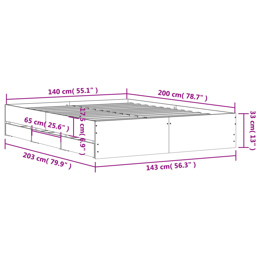 Cadre de lit avec tiroirs sans matelas gris béton 140x200 cm