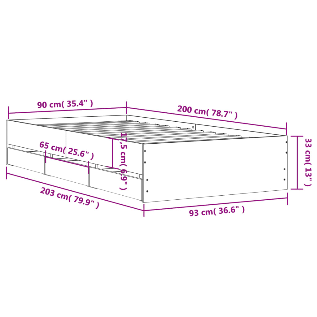 Cadre de lit avec tiroirs sans matelas gris béton 90x200 cm