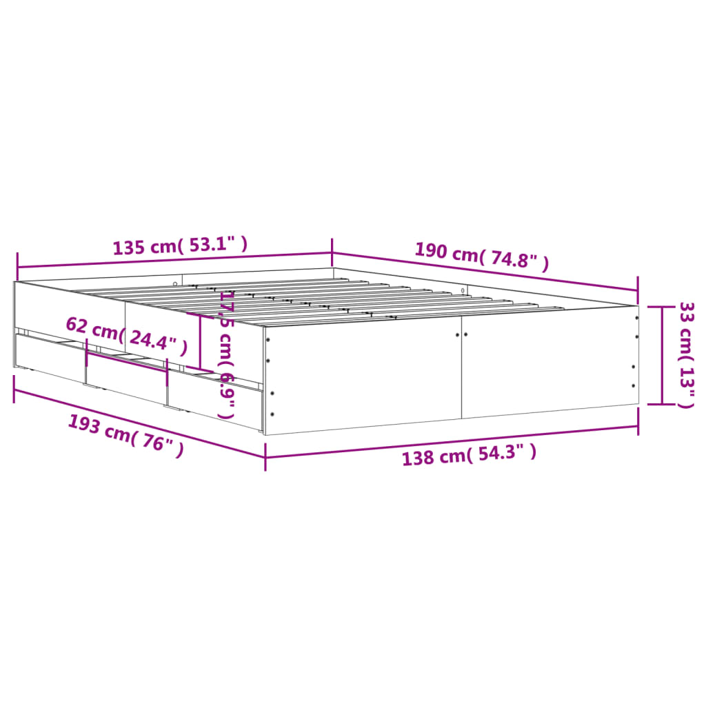 Cadre de lit avec tiroirs sans matelas blanc 135x190 cm